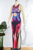 Colour Sexy Print Patchwork O Neck Pencil Skirt Dresses
