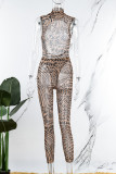Black Sexy Print Patchwork See-through Backless Half A Turtleneck Sleeveless Two Pieces