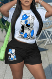 White Blue Casual Print Patchwork O Neck Short Sleeve Two Pieces