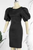 Black Casual Elegant Solid Patchwork O Neck One Step Skirt Dresses