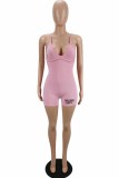 Pink Street Print Letter V Neck Rompers
