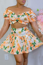 Tangerine Red Sexy Print Patchwork Off the Shoulder Short Sleeve Two Pieces