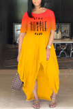 Yellow Casual Gradual Change Print Patchwork Asymmetrical O Neck Irregular Dress Dresses