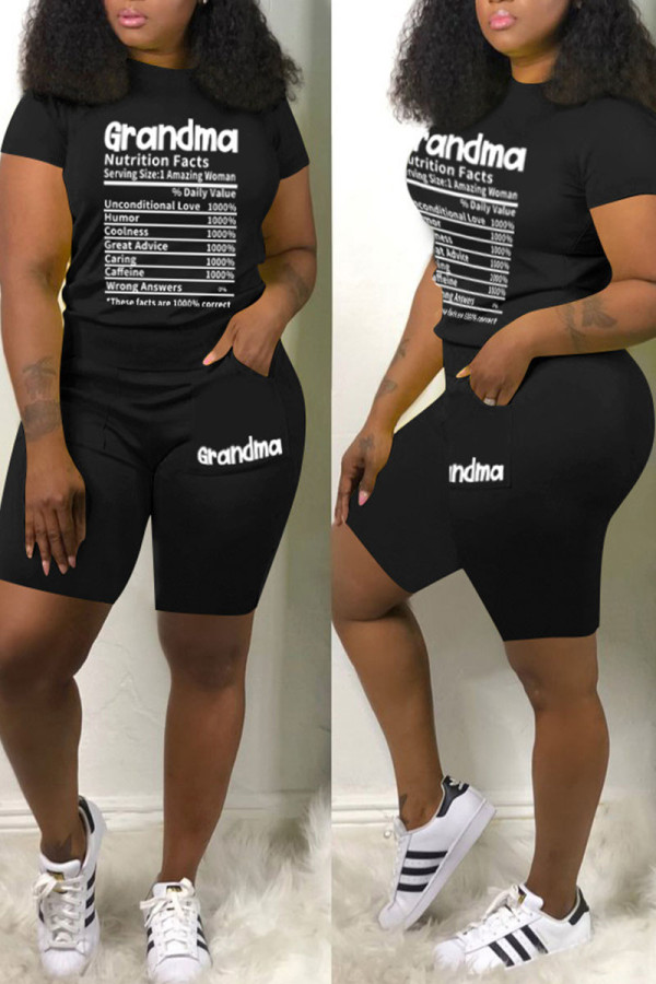 Black Casual Print Patchwork O Neck Short Sleeve Two Pieces