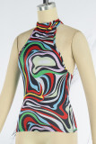 Black Sexy Print Patchwork Backless Halter Tops