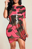 Green Casual Camouflage Print Patchwork O Neck Short Sleeve Dress