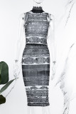 Black Sexy Print Patchwork See-through O Neck Sleeveless Two Pieces