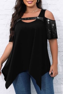 Black Casual Solid Hollowed Out Patchwork O Neck Plus Size Tops