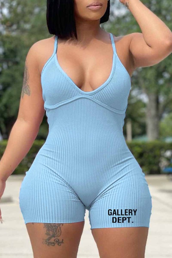 Blue Street Print Letter V Neck Rompers