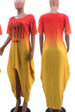 Yellow Casual Gradual Change Print Patchwork Asymmetrical O Neck Irregular Dress Dresses
