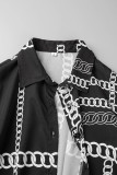 Black Casual Print Patchwork Buckle Turndown Collar Tops