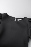 Black Casual Elegant Solid Patchwork O Neck One Step Skirt Dresses