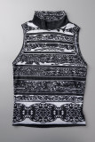 Black Sexy Print Patchwork See-through O Neck Sleeveless Two Pieces