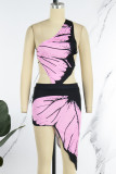 Purple Sexy Print Bandage Patchwork Backless Asymmetrical Oblique Collar Dresses