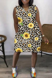 Yellow Brown Casual Street Print Patchwork V Neck Straight Dresses