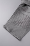 Dark Blue Street Solid Patchwork Fold High Waist Denim Shorts