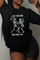 Black Casual Vintage Skull Patchwork O Neck T-Shirts