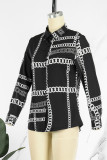 Black Casual Print Patchwork Buckle Turndown Collar Tops