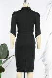 Blue Casual Elegant Solid Patchwork Slit Turndown Collar One Step Skirt Dresses
