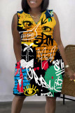 Yellow Brown Casual Street Print Patchwork V Neck Straight Dresses