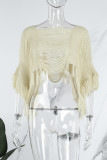 Apricot Sexy Solid Tassel Hollowed Out Patchwork Square Collar Tops