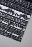 Black Sexy Print Patchwork See-through O Neck Sleeveless Two Pieces