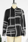 Black Casual Print Patchwork Buckle Turndown Collar Tops