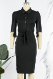 Blue Casual Elegant Solid Patchwork Slit Turndown Collar One Step Skirt Dresses