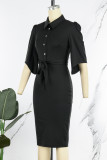 Blue Casual Elegant Solid Patchwork Slit Turndown Collar One Step Skirt Dresses