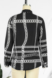 Black Casual Print Patchwork Buckle Turndown Collar Tops