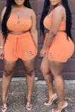 Orange Sexy Casual Solid Ripped Hollowed Out Backless One Shoulder Sleeveless Two Pieces