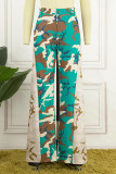 Army Green Street Camouflage Print Patchwork Boot Cut High Waist Wide Leg Full Print Bottoms