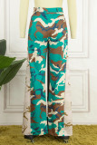 Army Green Street Camouflage Print Patchwork Boot Cut High Waist Wide Leg Full Print Bottoms