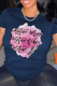 Navy Blue Casual Daily Print Patchwork Letter O Neck T-Shirts