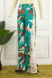 Army Green Street Camouflage Print Patchwork Boot Cut High Waist Wide Leg Full Print Bottoms