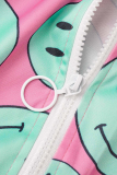 Pink Street Print Draw String Zipper Collar Long Sleeve Two Pieces