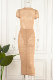 Khaki Sexy Solid Mesh O Neck Pencil Skirt Dresses