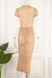 Khaki Sexy Solid Mesh O Neck Pencil Skirt Dresses