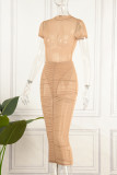 Khaki Sexy Solid Mesh O Neck Pencil Skirt Dresses