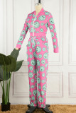 Pink Street Print Draw String Zipper Collar Long Sleeve Two Pieces