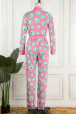 Pink Street Print Draw String Zipper Collar Long Sleeve Two Pieces