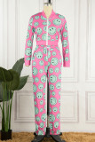 Pink Street Print Draw String Zipper Collar Long Sleeve Two Pieces