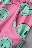 Pink Street Print Draw String Zipper Collar Long Sleeve Two Pieces