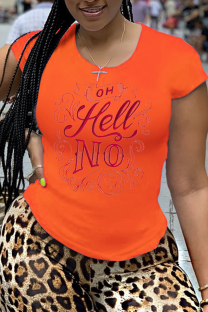 Orange Casual Daily Print Patchwork Letter O Neck Tops