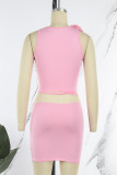 Pink Sexy Solid Bandage Patchwork O Neck Sleeveless Two Pieces