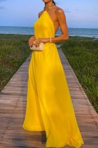 Yellow Sexy Casual Solid Backless Halter Long Dress Dresses