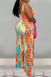 Orange Casual Print Backless Spaghetti Strap Regular Jumpsuits