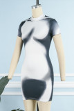 Blue Casual Print Basic Half A Turtleneck Short Sleeve Dress