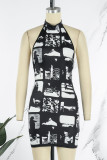 Black Sexy Print Backless Halter Sleeveless Dress Dresses