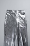 Silver Sexy Solid Backless Strapless Sleeveless Two Pieces